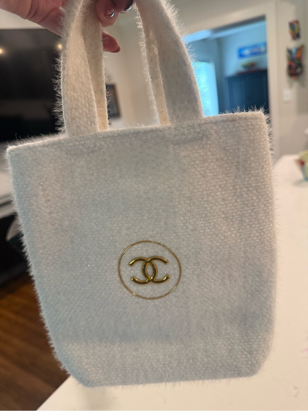 CHANEL Cream Bouclé Mini Tote with Gold CC Emblem